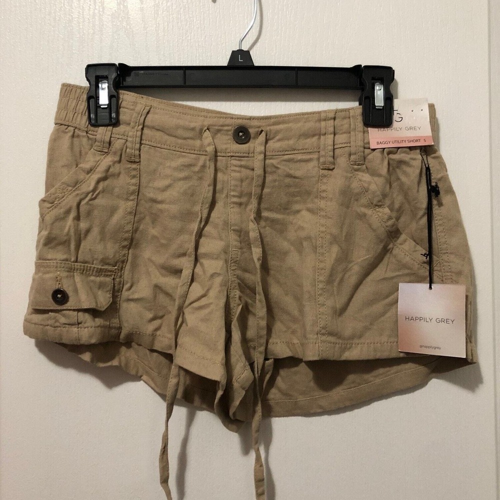 Happily Grey Baggy Utility Shorts Tan Khaki Linen Blend Drawstring Womens Small